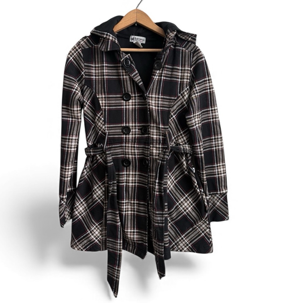 Self Esteem Plaid Hooded Double Breasted Belted Jacket  Medium